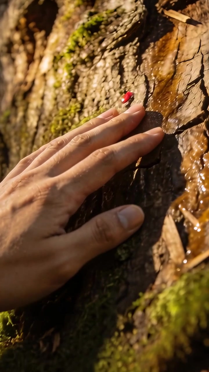 Vertical video: Placing right hand on warm tree trunk, fingers gliding, exploring sap and red stalk