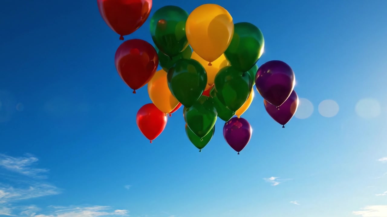 Una Luminosa e Allegra Esposizione di Palloncini Colorati Che Fluttuano Contro un Cielo Azzurro Limpido, Simboleggiando Gioia e Celebrazione in un'Atmosfera Aperta