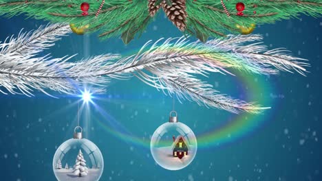 Animation-of-snow-falling-over-christmas-tree-with-baubles