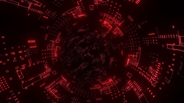 Abstract Cyberpunk Tunnel with Red Glowing Circuit Board Design