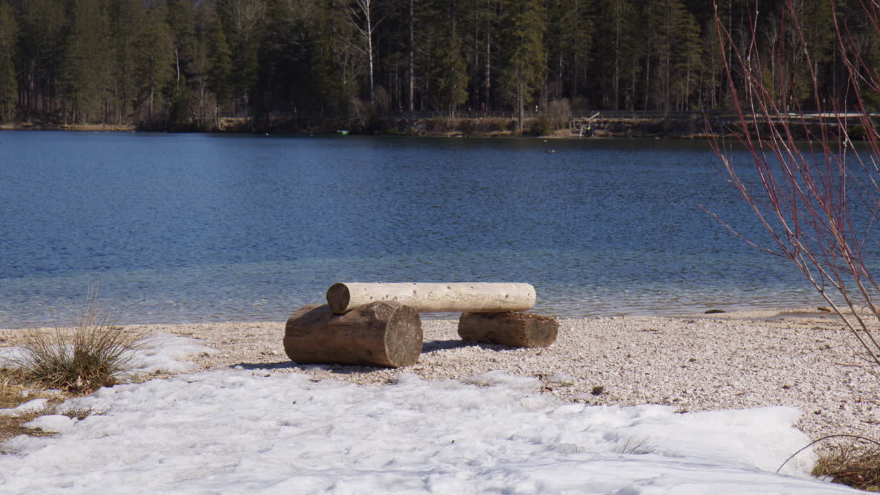 Panchina di legno fatta con tronchi d'albero sulle rive del lago Hintersee nel Parco Nazionale di Berchtesgaden, Germania. Inquadratura statica.