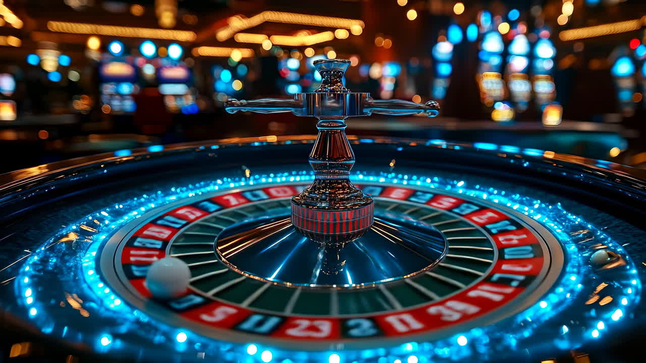 Roulette spins at lively casino. A roulette wheel spins amid bright lights and excited players in a bustling casino setting late at night