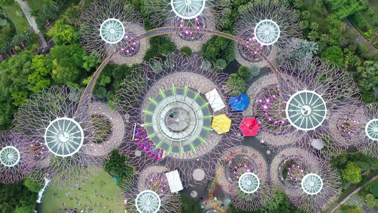 Aerial footage of the Gardens By The Bay Super Trees in Singapore