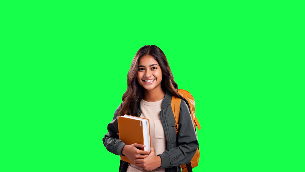 Studente sorridente che tiene in mano dei libri, animazione, video 4K trasparente, green screen