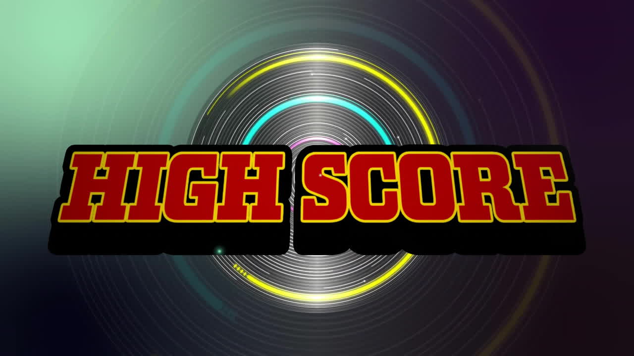 Animation af 'high score'-tekst over bevægelige neonformer