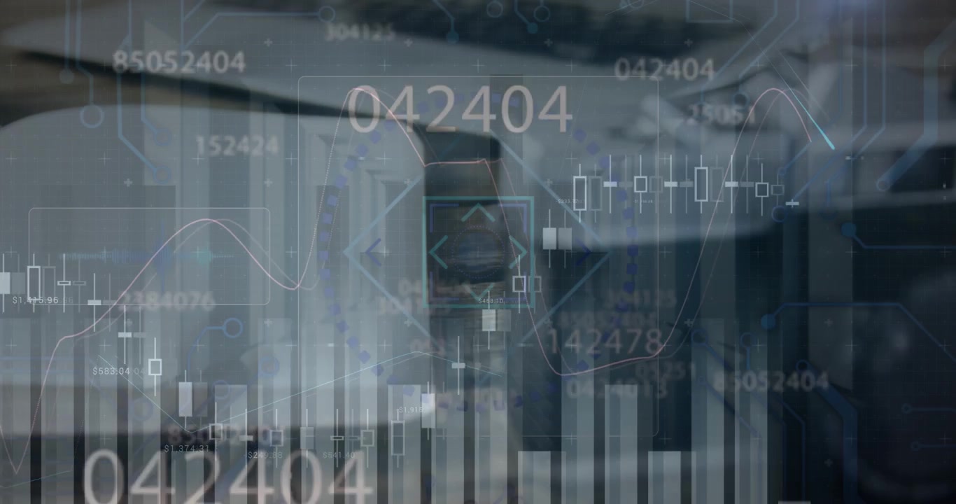Animation of financial data processing and scope scanning over desk in office