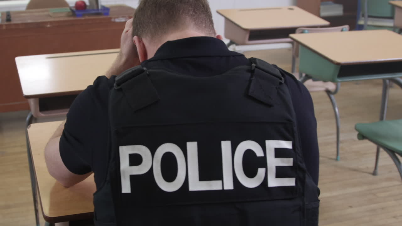 학교 책상 에 있는 경찰관