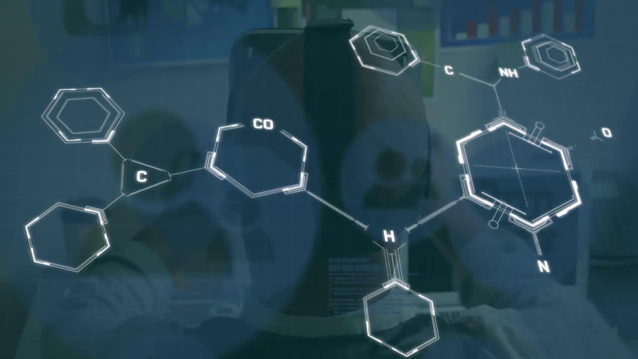 vr 헤드을 사용하여 카우카시안 맨에 대한 화학 방정식의 애니메이션.