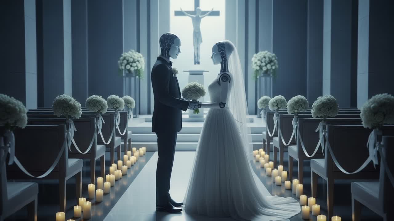 In a futuristic chapel illuminated by candles, two humanoid robots stand facing each other, exchanging vows in a visually striking blend of technology and love