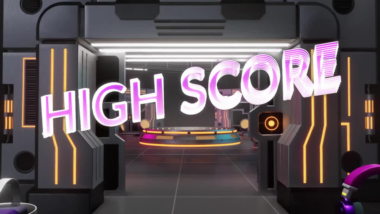 Animazione di icone gaming e testo high score su una stanza cibernetica