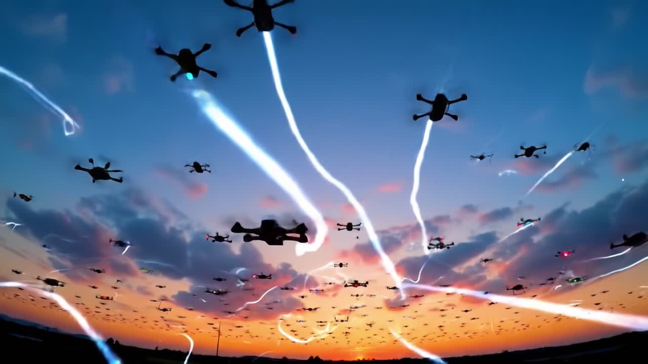 As the sun sets, numerous drones take to the sky, producing colorful trails of light. This spectacular display captivates viewers with stunning visuals against a twilight backdrop.