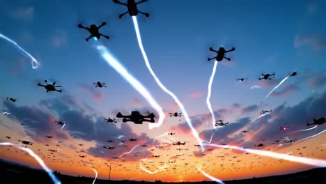 as the sun sets, numerous drones take to the sky, producing colorful trails of light. this spectacular display captivates viewers with stunning visuals against a twilight backdrop.