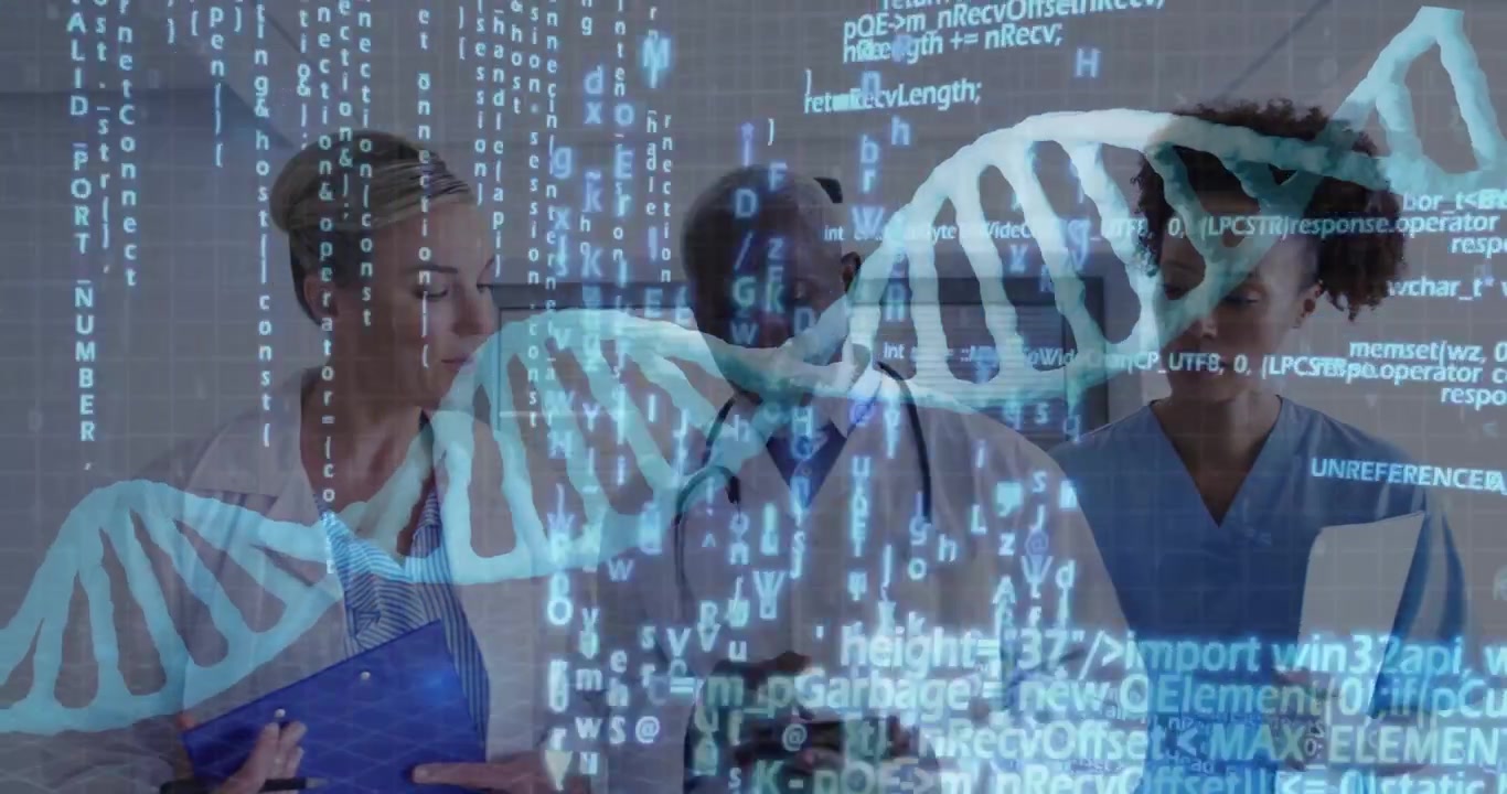 Medical team scrolling tablets for DNA diagnosis causing code overlay and 3D helix filling corridor