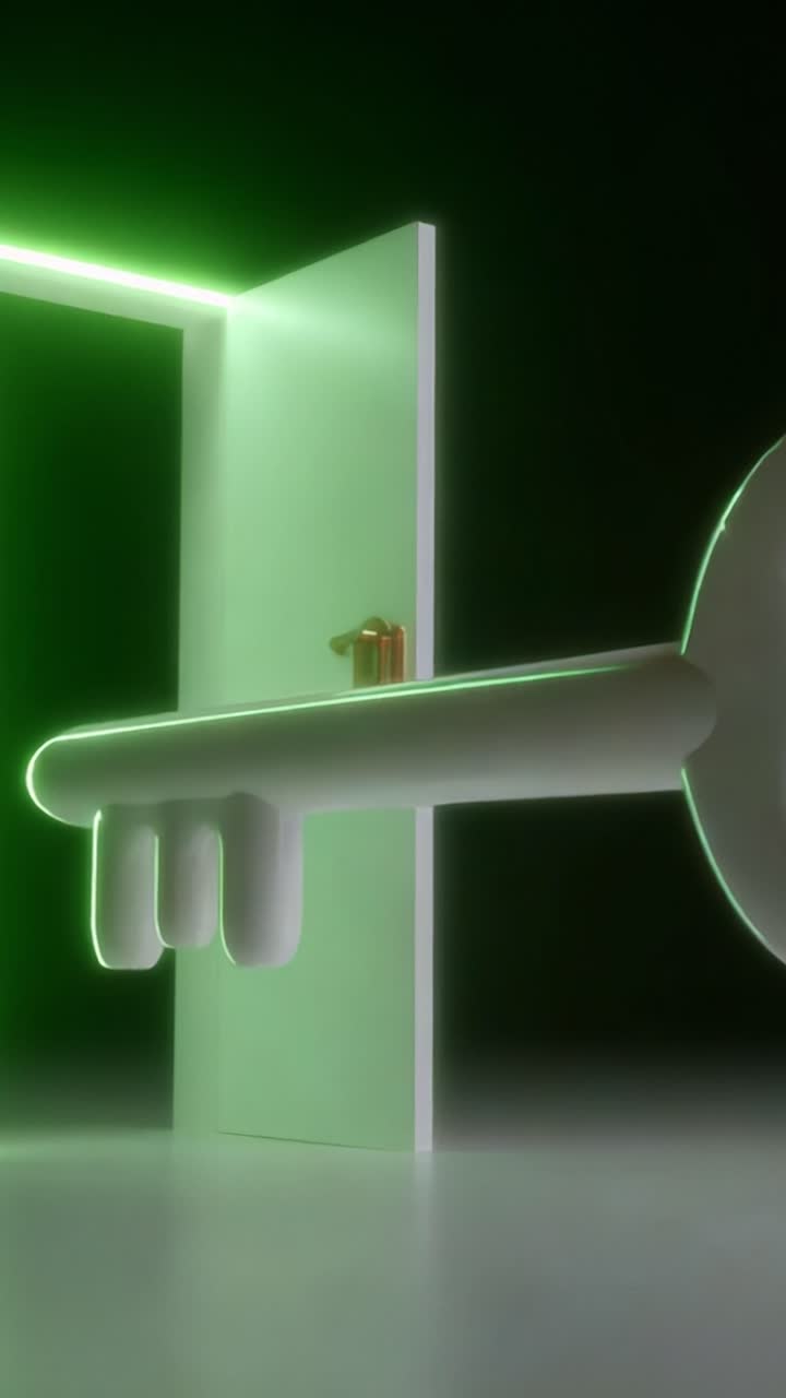 A futuristic representation of a door and key concept, illuminated by a vibrant green light, symbolizing access, possibilities, and the transition between different spaces or ideas in a visually striking manner