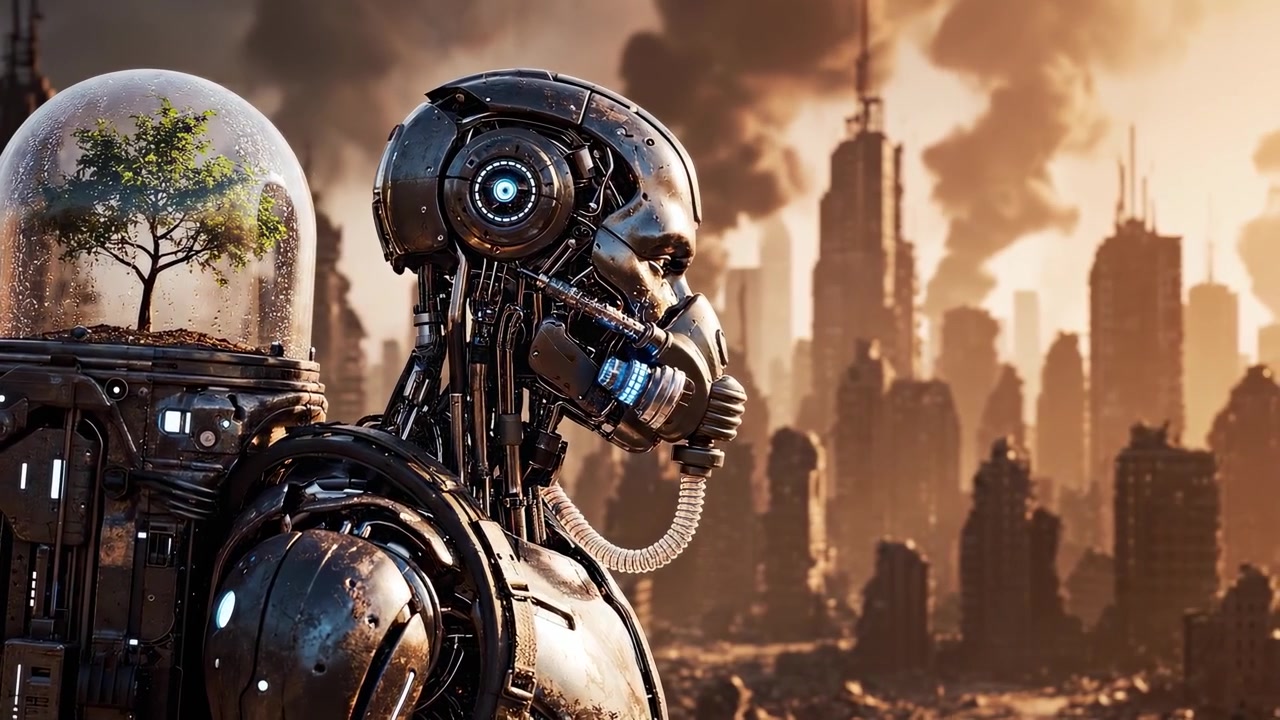 Cyborg futuristico con zaino a forma di albero in una città distopica in rovina