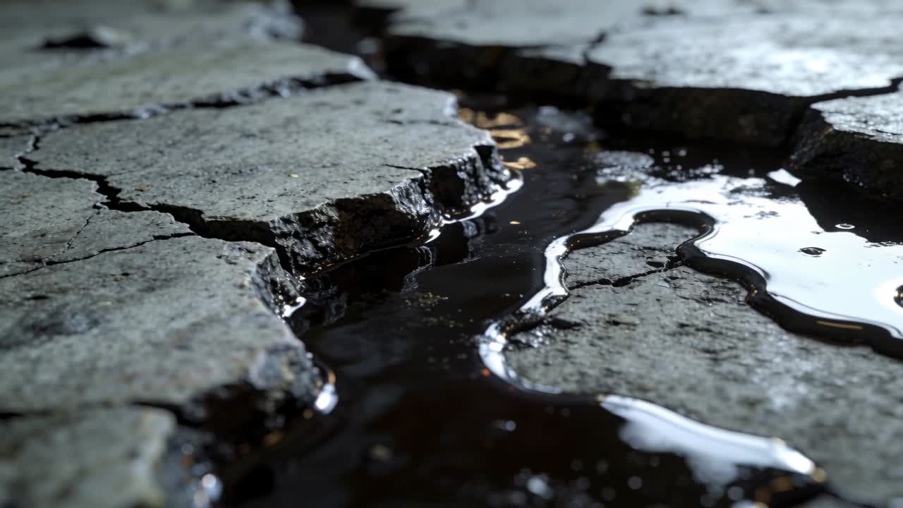 Primo piano a livello del suolo di una lastra di cemento crepata che reagisce alla luce che si sposta, con una pozza scura.