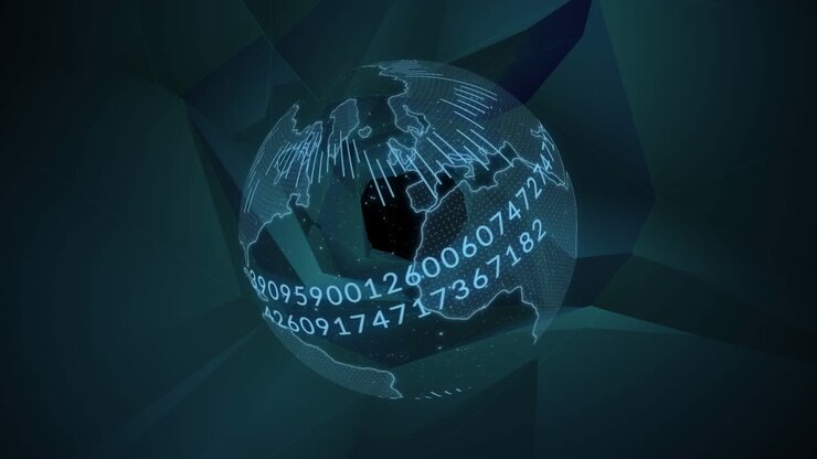 Animation of globe with numbers over digital space with shapes