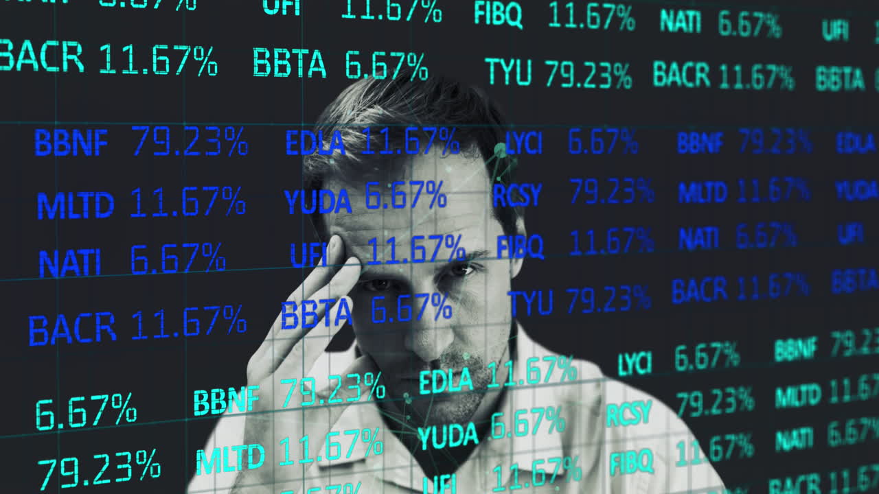 Stock market data processing against man with hand on his head