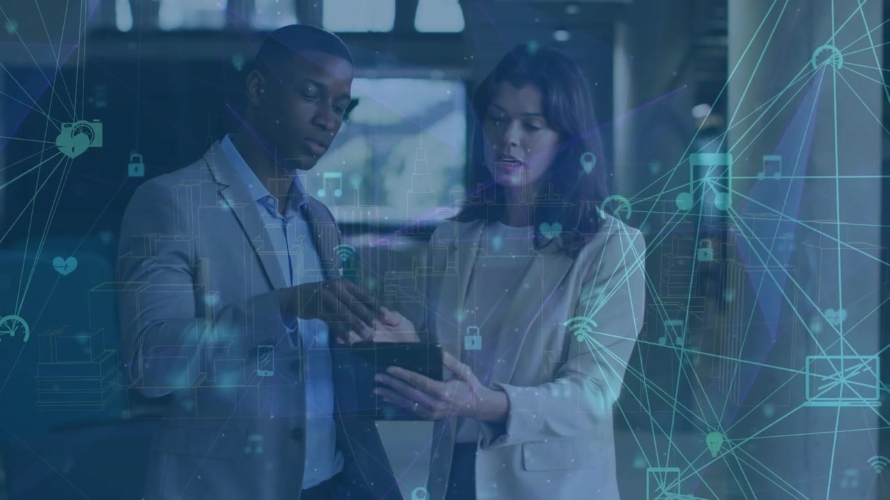 Animation of data processing over diverse business people in office
