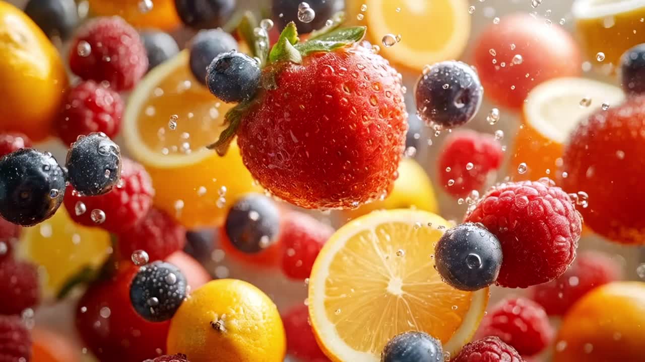 A vibrant mix of fresh fruits with water droplets, including strawberries, blueberries, raspberries, and citrus slices
