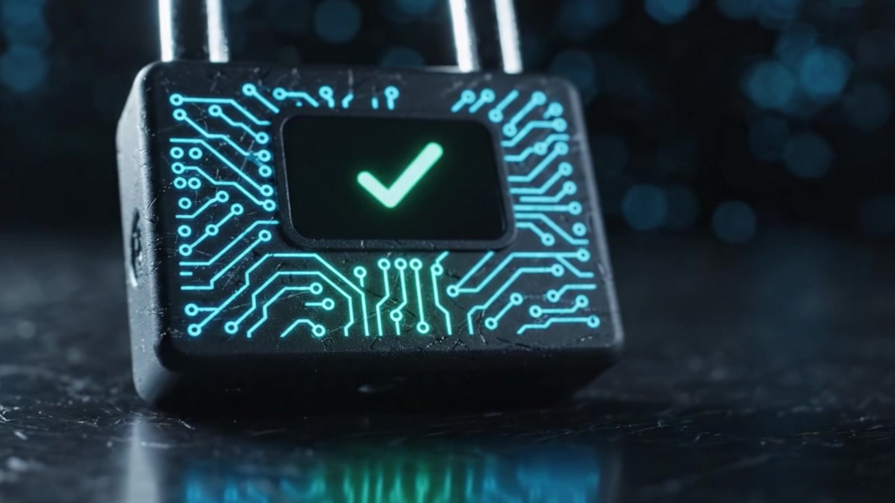 A Detailed Look at a Modern Smart Padlock Showcasing Advanced Security Features with a Prominent Checkmark Signifying Confirmation of Its Effective Lock Mechanism