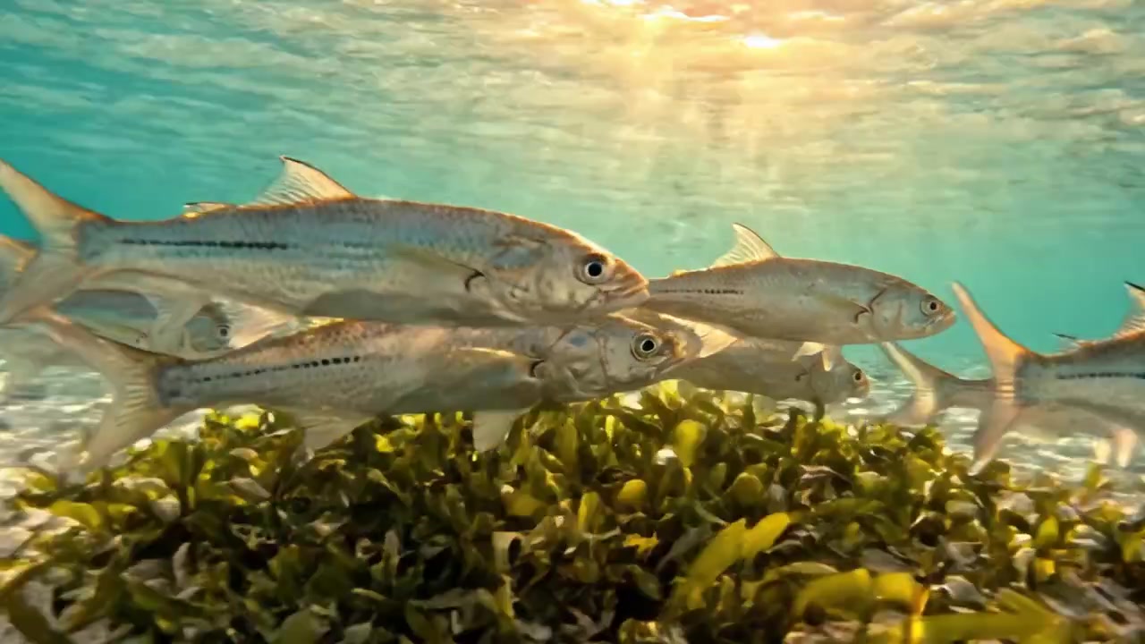 Underwater Scene Showcasing a School of Fish Amidst Sunlit Sandy Bottom and Aquatic Vegetation in a Tranquil Marine Environment