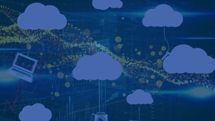 Animation of clouds with media icons and data processing on blue background