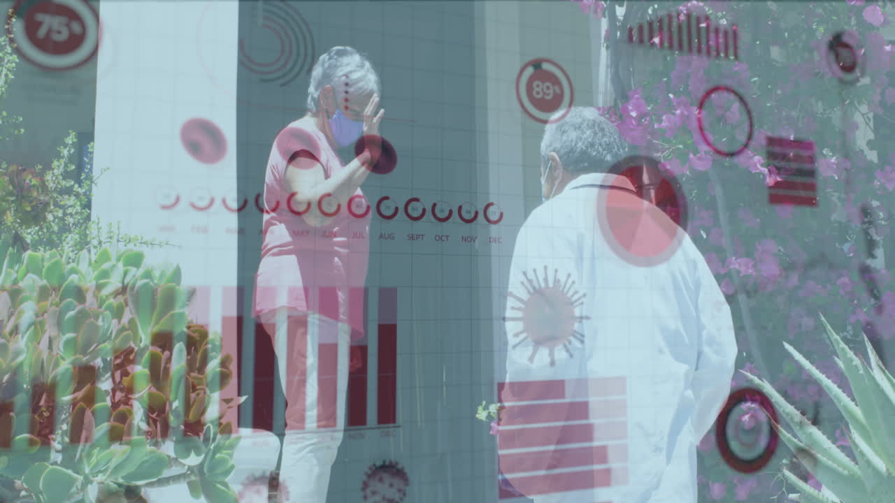 코로나19 통계 데이터 처리 아프리카계 미국인 여성이 집에서 남성 의사를 환영합니다.