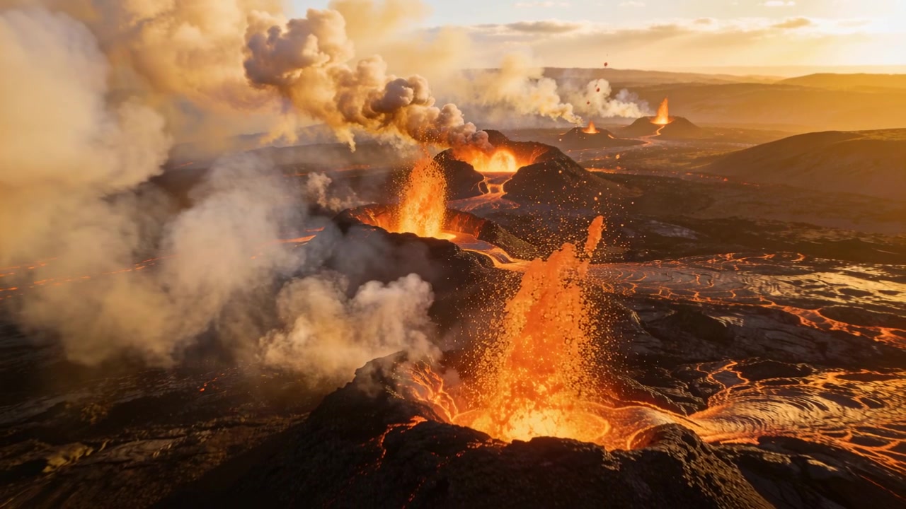 Caminetto centrale che si intensifica, causando fontane di lava e proiettando tefra su un altopiano di lava illuminato dal sole.