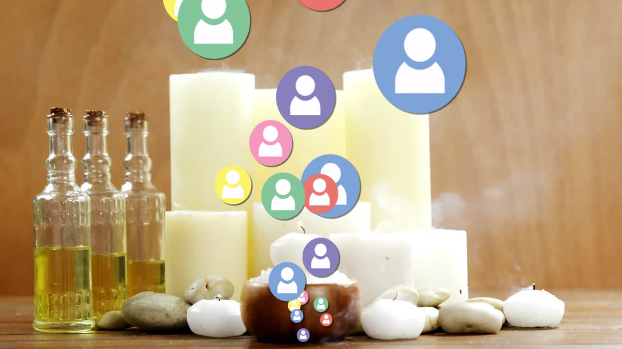 Animation of colorful user icons floating over candles and essential oils