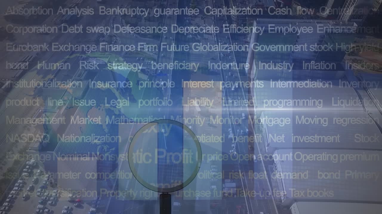 Dönen dünya küresi üzerinde finansal verilerin ve grafiklerin animasyonu.