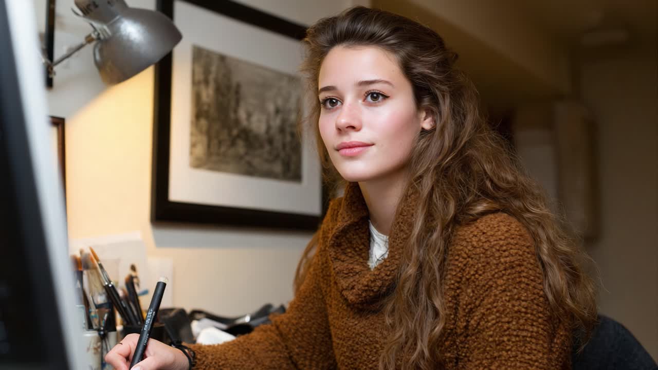 A Captivating Look at a Creative Mind: A Young Woman Deep in Thought While Sketching at Her Desk in a Cozy and Inspiring Environment