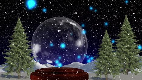 Blue-light-spots-and-snow-falling-over-snow-globe-against-multiple-trees-on-winter-landscape