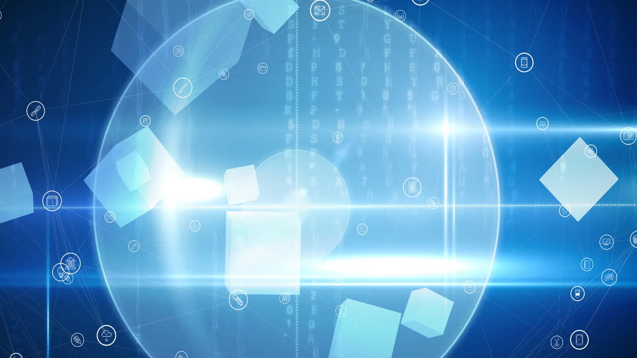 전 세계를 배경으로 디지털 아이콘으로 연결하는 네트워크의 애니메이션