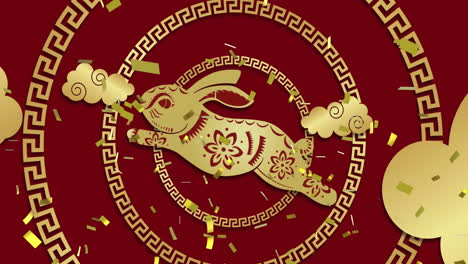 animation of chinese traditional decorations with rabbit and confetti on red background