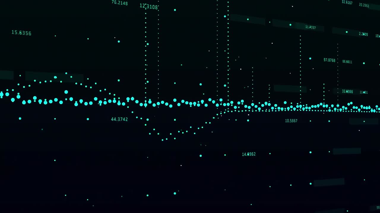 Animation of financial data processing over grid on dark background