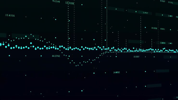 Animation of financial data processing over grid on dark background