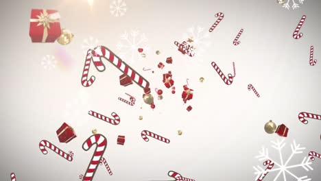 Mehrere-Weihnachtsgeschenke-Und-Zuckerstangensymbole-Fallen-Gegen-Schneeflocken,-Die-Auf-Grauem-Hintergrund-Schweben