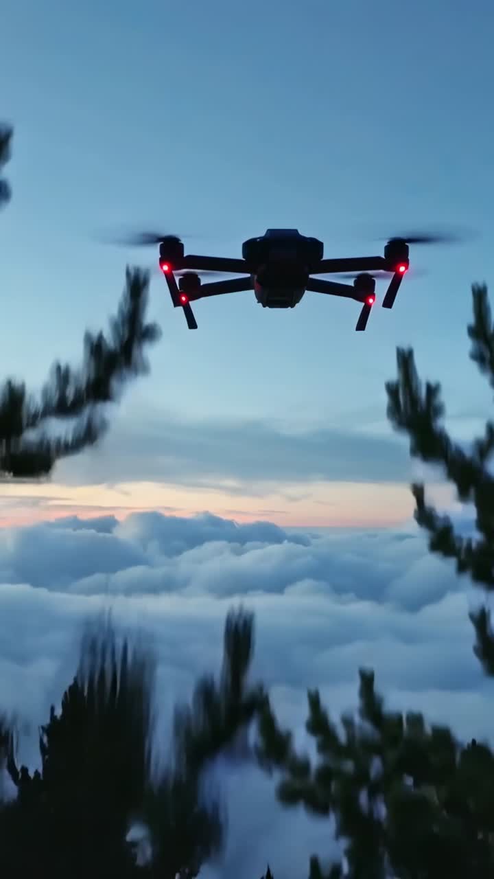 Vertikal video: Dukker op efter signal, drone bevæger sig fra fyrretræer i skumringen over skylag, røde lys