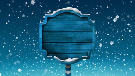 animation of snowflakes and wooden board with copy space on blue background