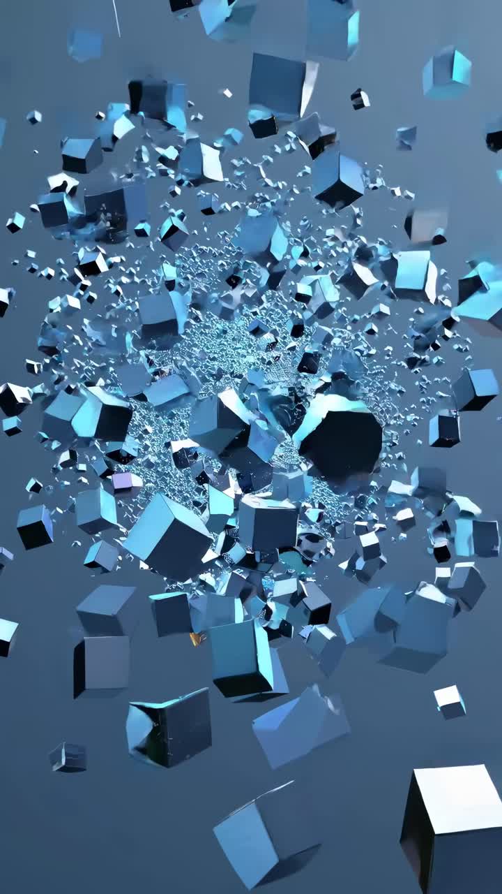 Dynamic video of floating blue cubes in mid-air, captured from a low-angle, creating a futuristic