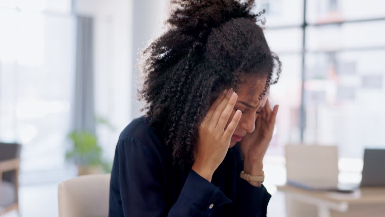 Mental health, businesswoman with headache