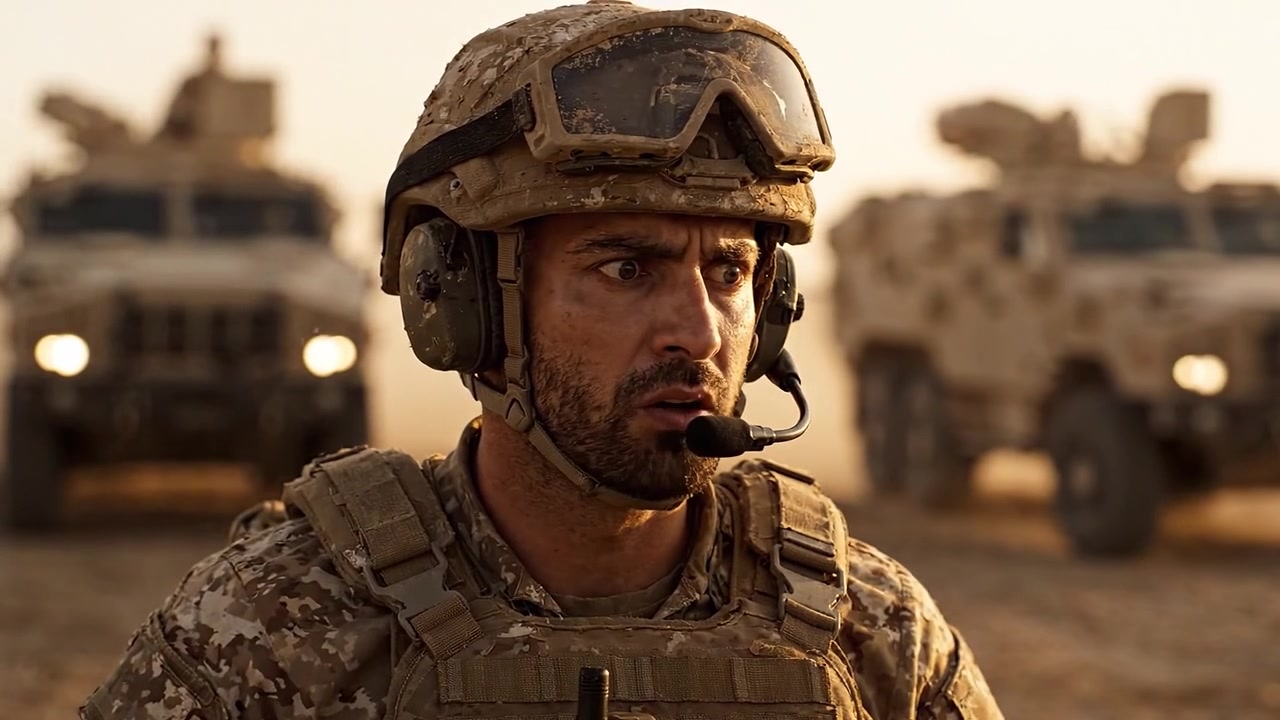 Un soldato concentrato si focalizza sulla missione mentre veicoli blindati manovrano in terreno desertico durante un'operazione, tra nuvole di polvere e il sole che tramonta all'orizzonte lontano.