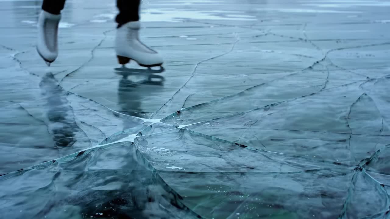 A Skater's Graceful Dance on Cracked Ice: Exploring the Beauty and Fragility of a Frozen Surface During Winter Sport Activities