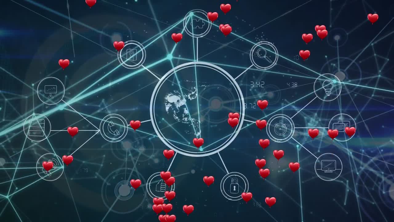 빨간 심장의 애니메이션과 아이콘과 연결의 네트워크