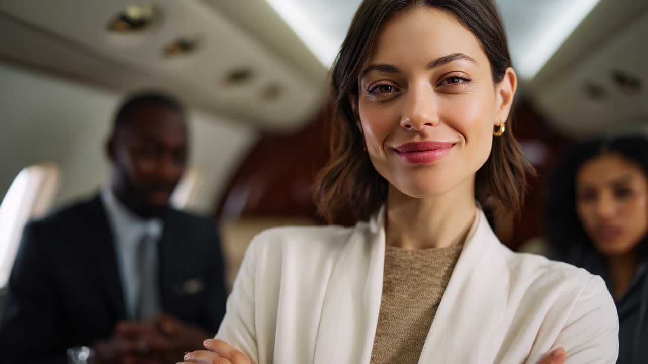 A confident woman exudes charm and elegance while interacting with her companions on a luxurious private jet, showcasing the opulence and sophistication of personal air travel with style and grace