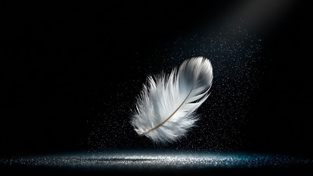 A floating feather surrounded by sparkles set against a dark and mysterious background
