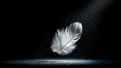 a floating feather surrounded by sparkles set against a dark and mysterious background