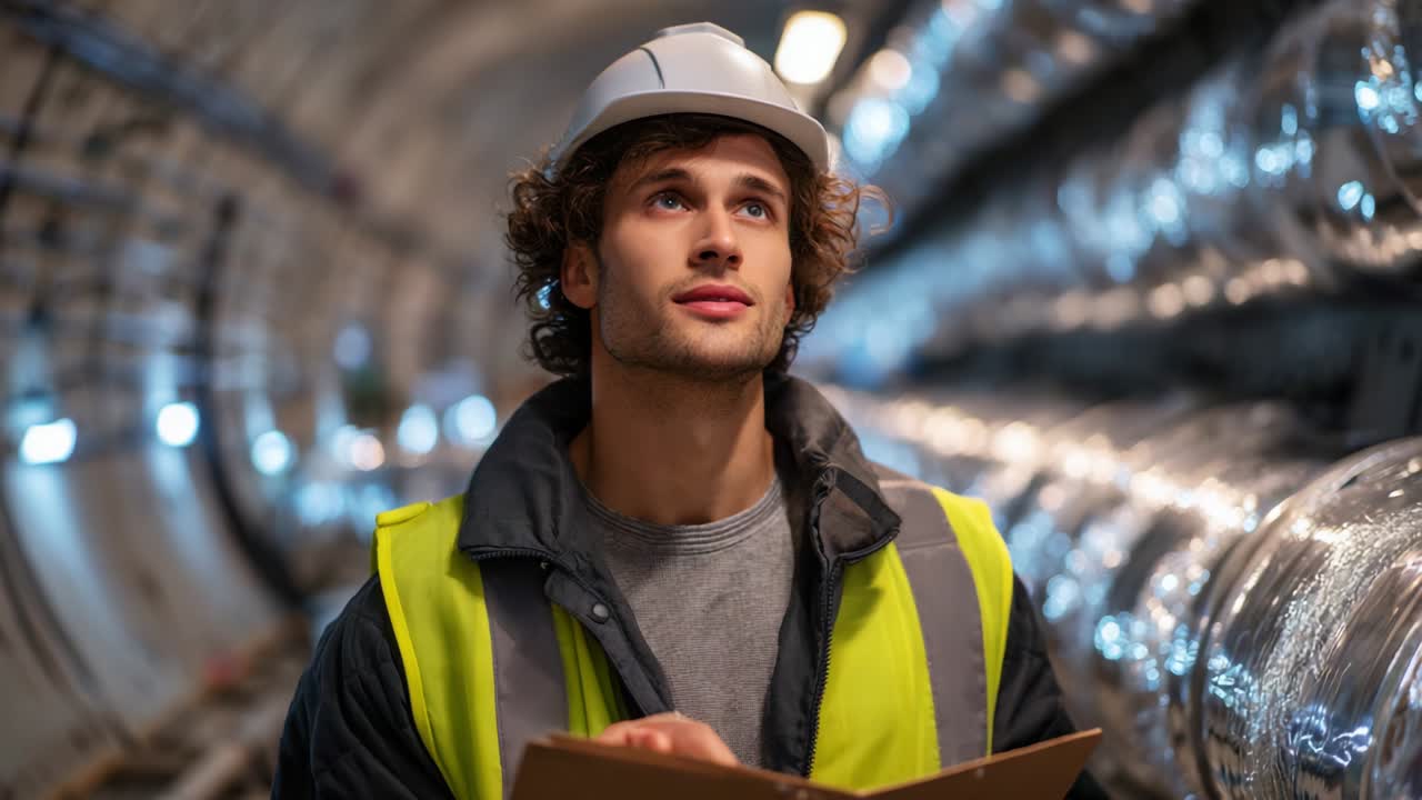 A young worker in a safety helmet and reflective vest observes his surroundings thoughtfully while holding a clipboard in a modern tunnel environment, showcasing dedication to his job and focus on safety