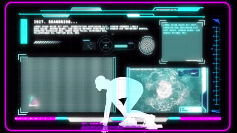 animación de pantallas con procesamiento de datos sobre mujer storting para ejecutar en fondo oscuro